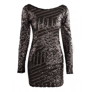 Sequins Embellished Backless Sexy Round Neck Long Sleeve Women's Dress black