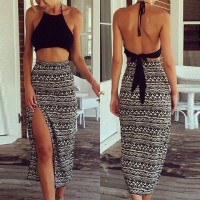Sexy Halter Solid Color Tank Top + High-Waisted Printed Skirt Twinset For Women