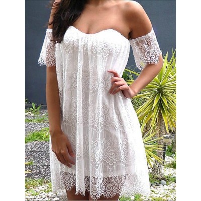 Sexy Off-The-Shoulder Short Sleeve Solid Color Lace Dress For Women white