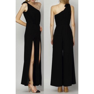 Sexy One-Shoulder Sleeveless Solid Color Furcal Jumpsuit For Women black