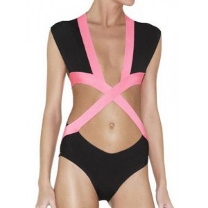 Sexy Plunging Neck Color Block One-Piece Swimwear For Women black pink