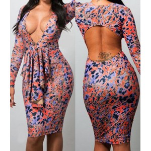 Sexy Plunging Neck Long Sleeve Printed Hollow Out Flounced Dress For Women