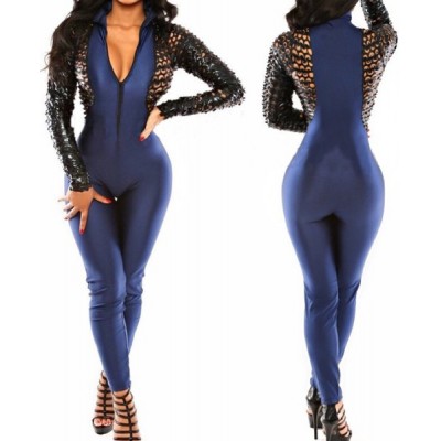 Sexy Plunging Neck Long Sleeve Zippered Hollow Out Jumpsuit For Women blue
