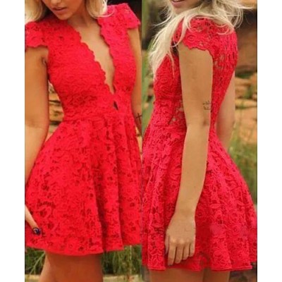 Sexy Plunging Neck Short Sleeve Solid Color Lace Dress For Women red