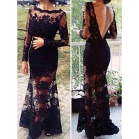Sexy Round Collar Long Sleeve Backless See-Through Lace Dress For Women black