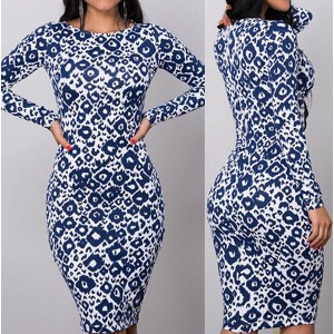 Sexy Round Collar Long Sleeve Printed Bodycon Dress For Women blue