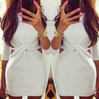 Sexy Round Collar Long Sleeve Solid Color Hollow Out Dress For Women white