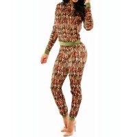 Sexy Round Collar Long Sleeve Spliced Printed Bodycon Jumpsuit For Women