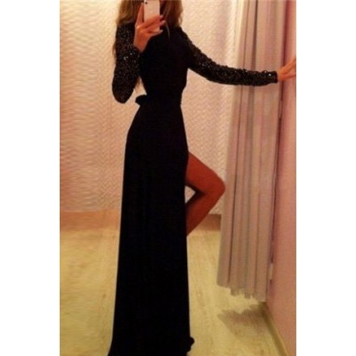 Sexy Round Neck Long Sleeve Solid Color Sequined Furcal Dress For Women black