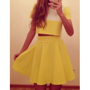 Sexy Round Neck Short Sleeve Color Block Crop Top + High-Waisted Skirt Twinset For Women yellow