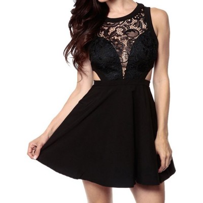 Sexy Scoop Collar Sleeveless See-Through Hollow Out Dress For Women black