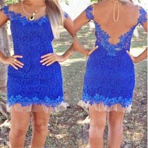 Sexy Scoop Neck Short Sleeve Spliced See-Through Dress For Women blue