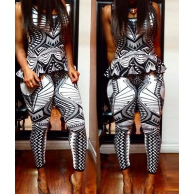 Sexy Scoop Neck Sleeveless Flounced Tank Top + Printed Bodycon Pants Twinset For Women