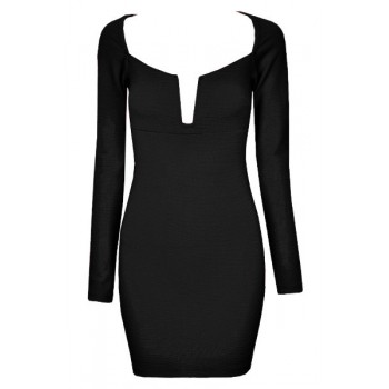 Sexy Square Neck Long Sleeve Solid Color Low Cut Dress For Women black white