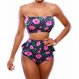 Sexy Strapless Flounced Floral Print Two-Piece Swimsuit For Women red black