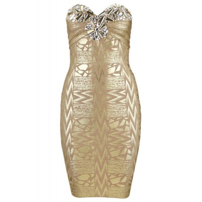 Sexy Strapless Sleeveless Rhinestoned Bodycon Bandage Dress For Women gold