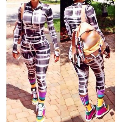 Sexy Turn-Down Neck Long Sleeve Printed Zippered Jumpsuit For Women