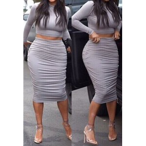 Sexy Turtle Neck Long Sleeve Solid Color Crop Top + Ruffled Skirt Twinset For Women gray
