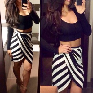 Sexy U-Neck Long Sleeve Crop Top + Striped Asymmetrical Skirt Twinset For Women black white
