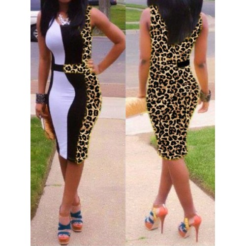 Sexy U-Neck Sleeveless Spliced Leopard Print Dress For Women (Sexy U ...