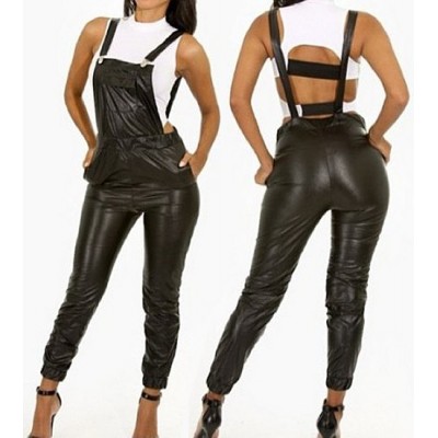 Sexy Women's Backless Black PU Leather Overalls black