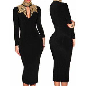 Sexy Women's Keyhole Neckline Sequined Long Sleeve Dress black