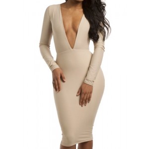 Sexy Women's Plunging Neckline Long Sleeve Backless Bodycon Dress off white