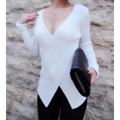 Sexy Women's V-Neck Low-Cut Candy Color Long Sleeve Sweater white black red