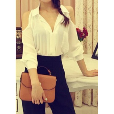 Shirt Collar Off-The-Shoulder Solid Color Stylish Blouse For Women black white