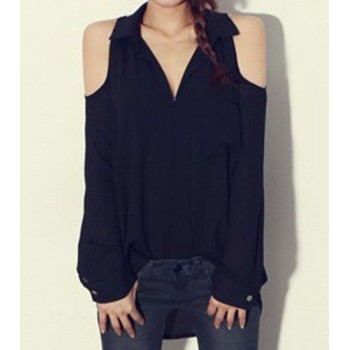 Shirt Collar Off-The-Shoulder Solid Color Stylish Blouse For Women black white