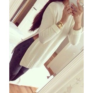 Simple Round Neck Long Sleeve Furcal Solid Color Sweater For Women white