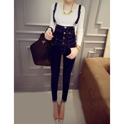 Single Breasted Slimming Casual Overalls Jeans For Women blue