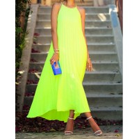 Solid Color Crumple Fashionable Round Collar Sleeveless Women's Maxi dress yellow
