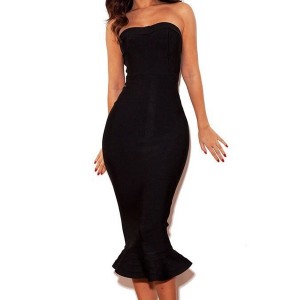 Solid Color Ruffles Sexy Strapless Women's Dress black