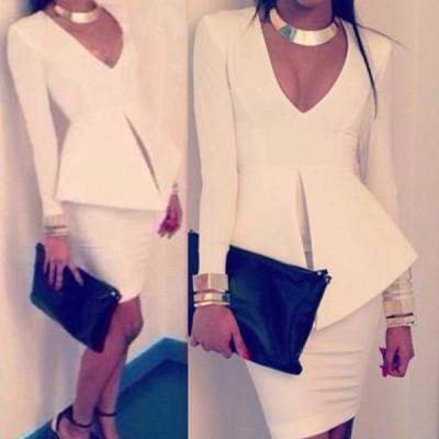 Solid Color Slimming Stylish Plunging Neck Long Sleeve Women's Dress white