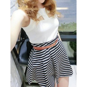 Striped Scoop Neck Cut Out Sleeveless Casual Dress For Women white
