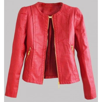 Stylish Round Neck Long Sleeve Solid Color Zippered PU Jacket For Women khaki blue red