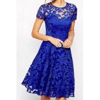Stylish Round Neck Short Sleeve Solid Color Lace Dress For Women blue black