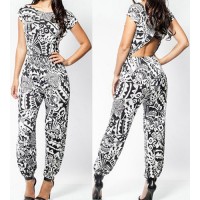 Stylish Scoop Neck Short Sleeve Printed Hollow Out Jumpsuit For Women black