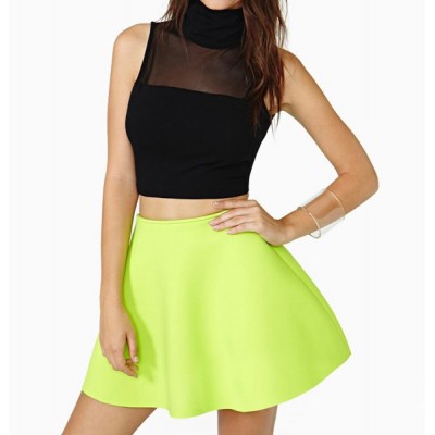 Stylish Solid Color Voile Splicing Sleeveless Crop Top For Women black