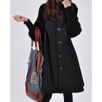 Stylish Turtle Neck Long Sleeve Spliced Button Design Coat For Women red black gray