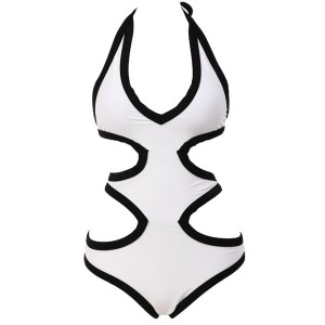 Stylish Women's Halter Color Block Hollow Out One-Piece Swimsuit white