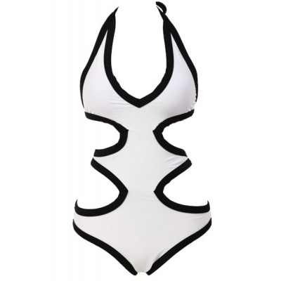 Stylish Women s Halter Color Block Hollow Out One-Piece Swimsuit white ...