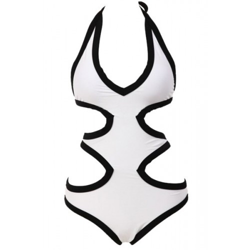 Stylish Women s Halter Color Block Hollow Out One-Piece Swimsuit white ...