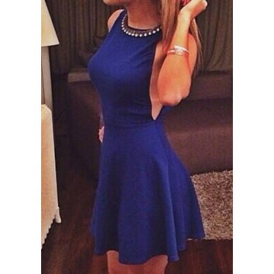 Stylish Women's Halter Sleeveless Dress blue