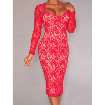 Sweetheart Neck Long Sleeves Backless Elegant Lace Bodycon Dress For Women black red
