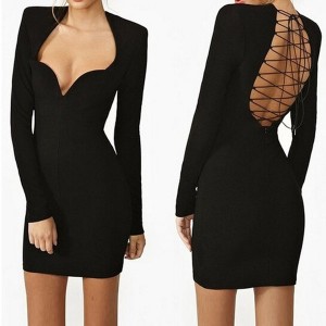 Sweetheart Neck Long Sleeves Backless Sexy Black Dress For Women 