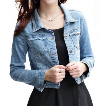 Turn-Down Collar Long Sleeves Bleach Wash Stylish Short Denim Jacket For Women blue