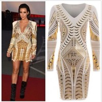 Women's Gold Stamp Bodycon Long Sleeve Dress