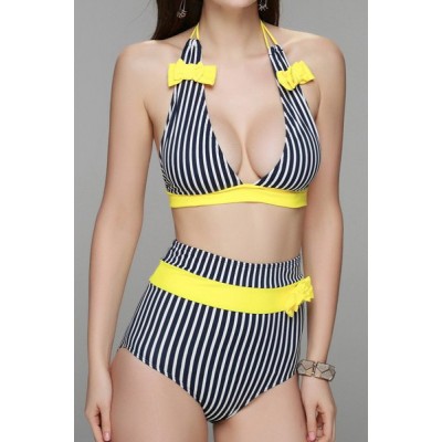 Alluring Halter Striped Bowknot Embellished High-Waisted Bikini Set For Women yellow